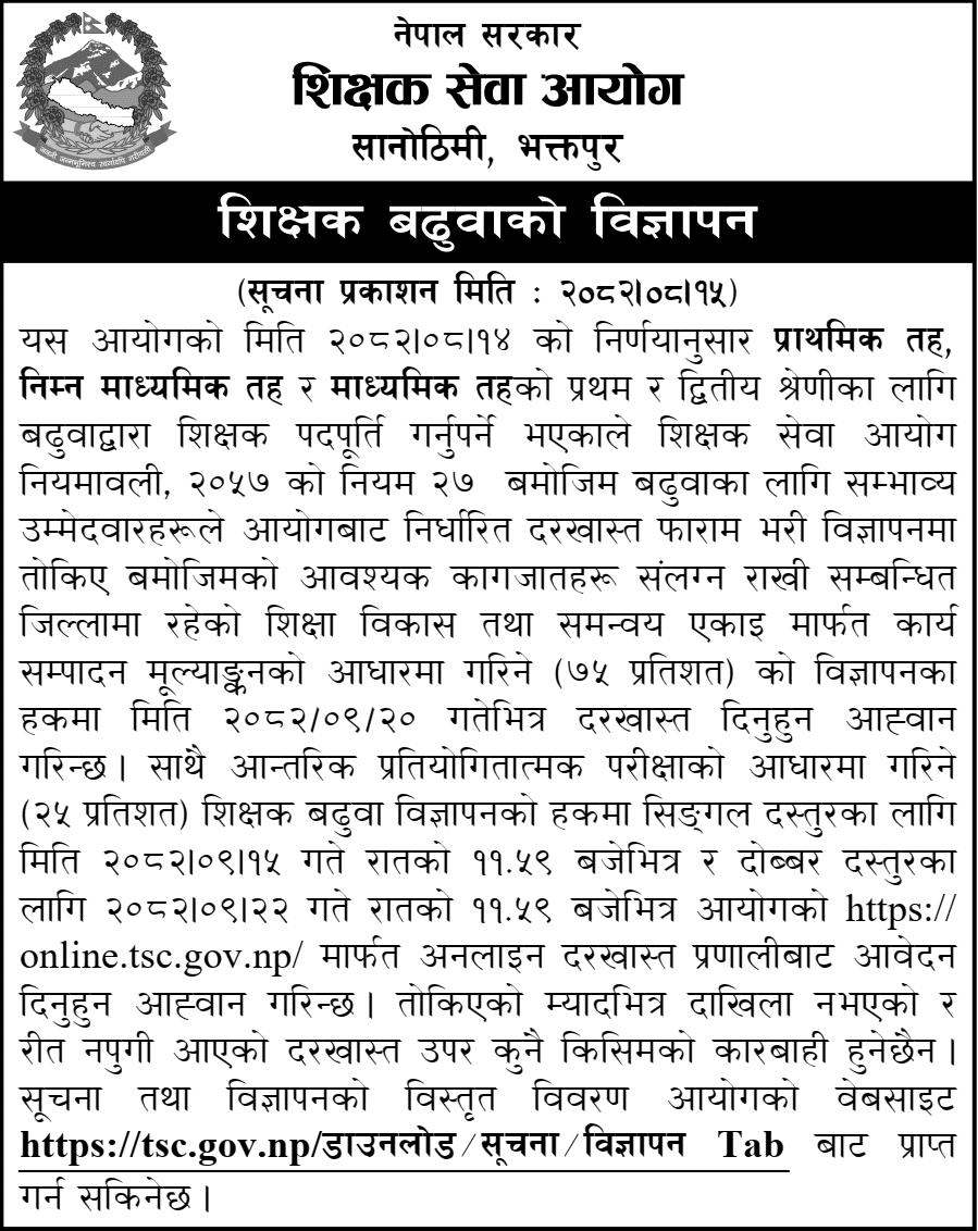 TSC Teacher Promotion Vacancy Notice 2082 