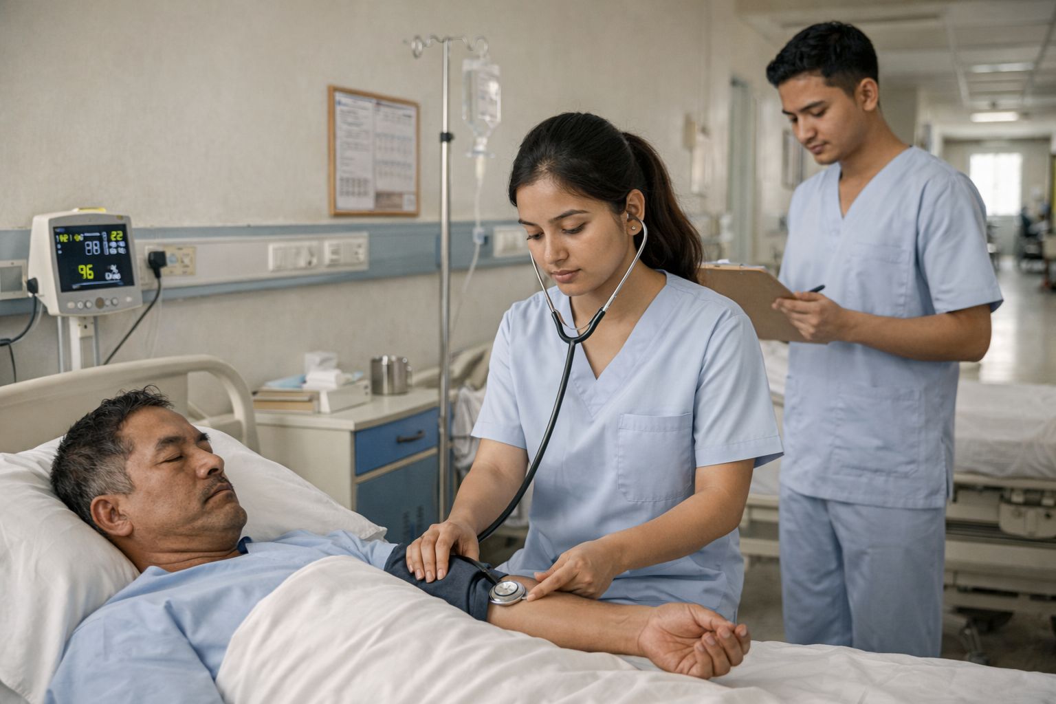 Caring hands in a hospital ward