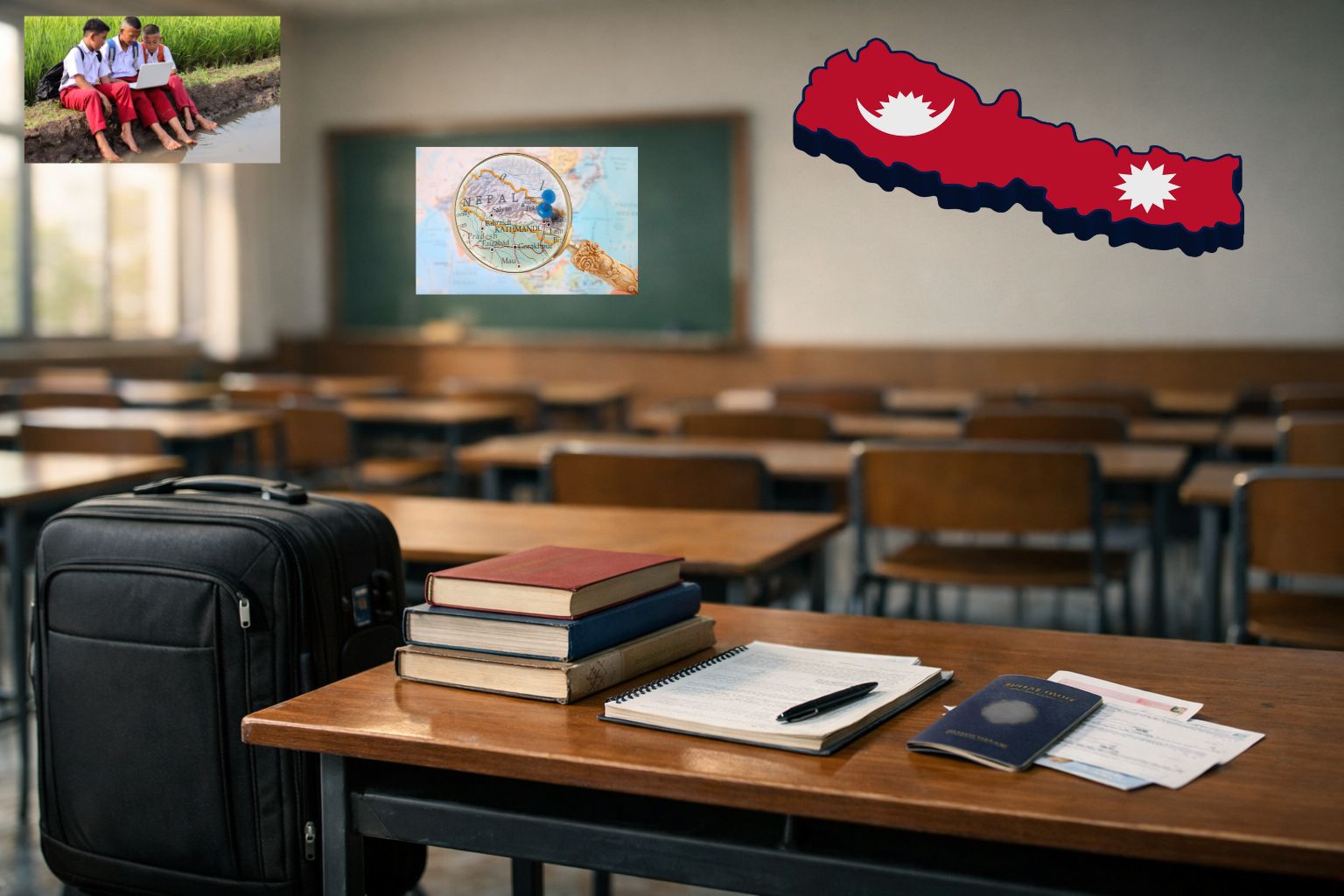 Cassroom with suitcase and textbooks 