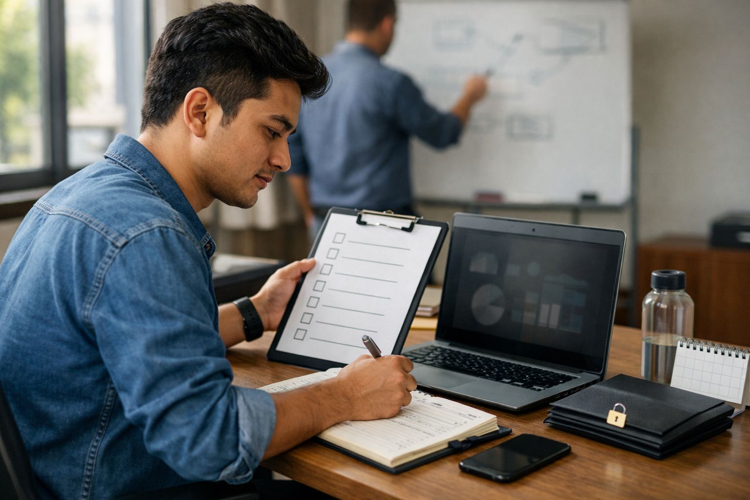 Focused professional at modern workstation 