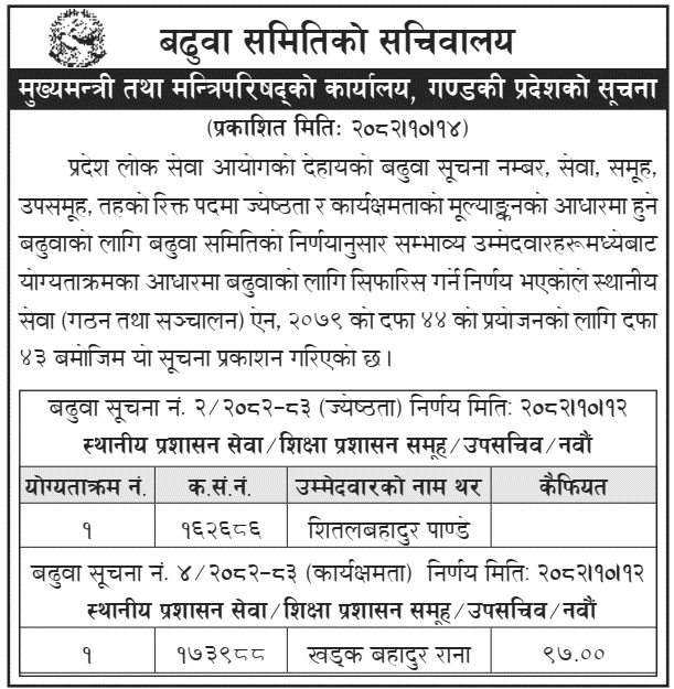 Gandaki Province Govt Recommends 2 for Under Secretary Promotion