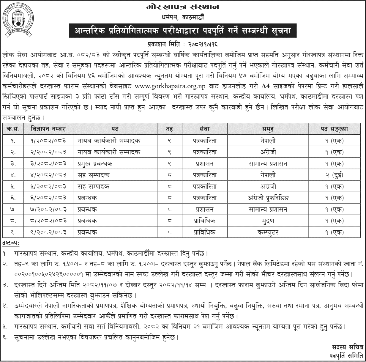 Gorkhapatra Internal Competitive Exam Vacancy Call