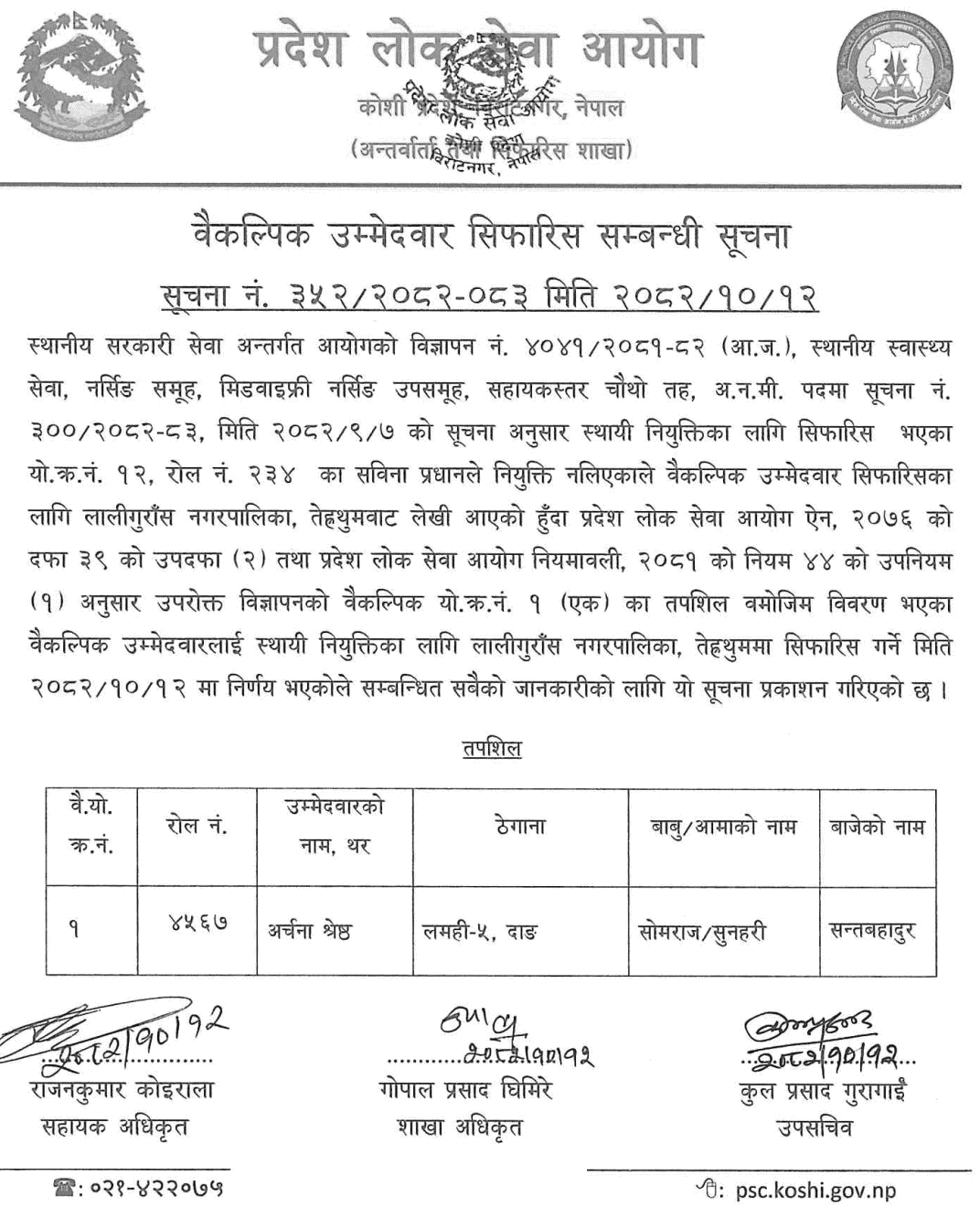 Koshi PSC Recommends Alternate ANM Candidate 2082