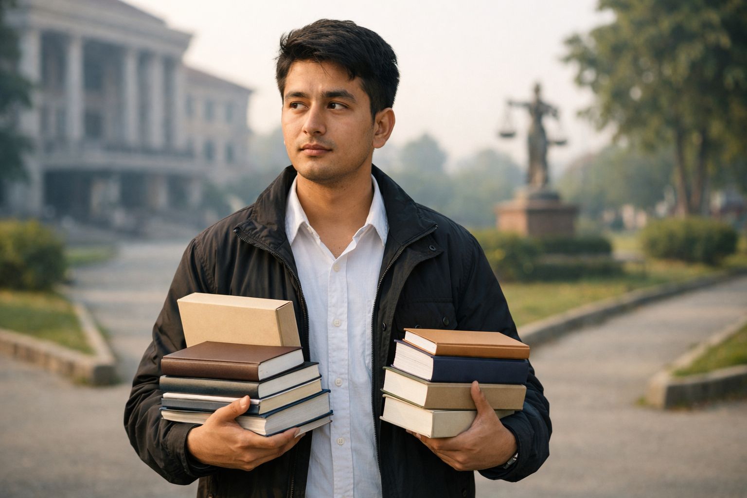 Law student at a campus crossroads 