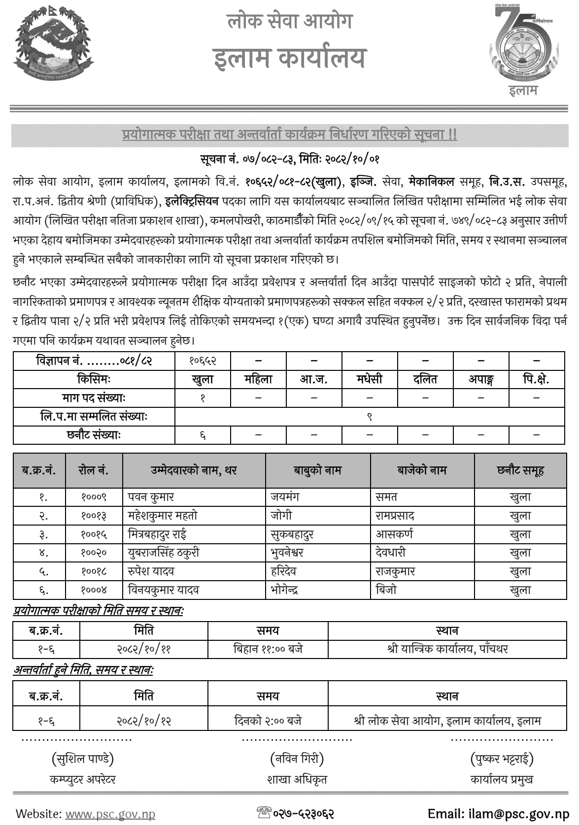 Lok Sewa Aayog Ilam Electrician Practical and Interview Notice 2082