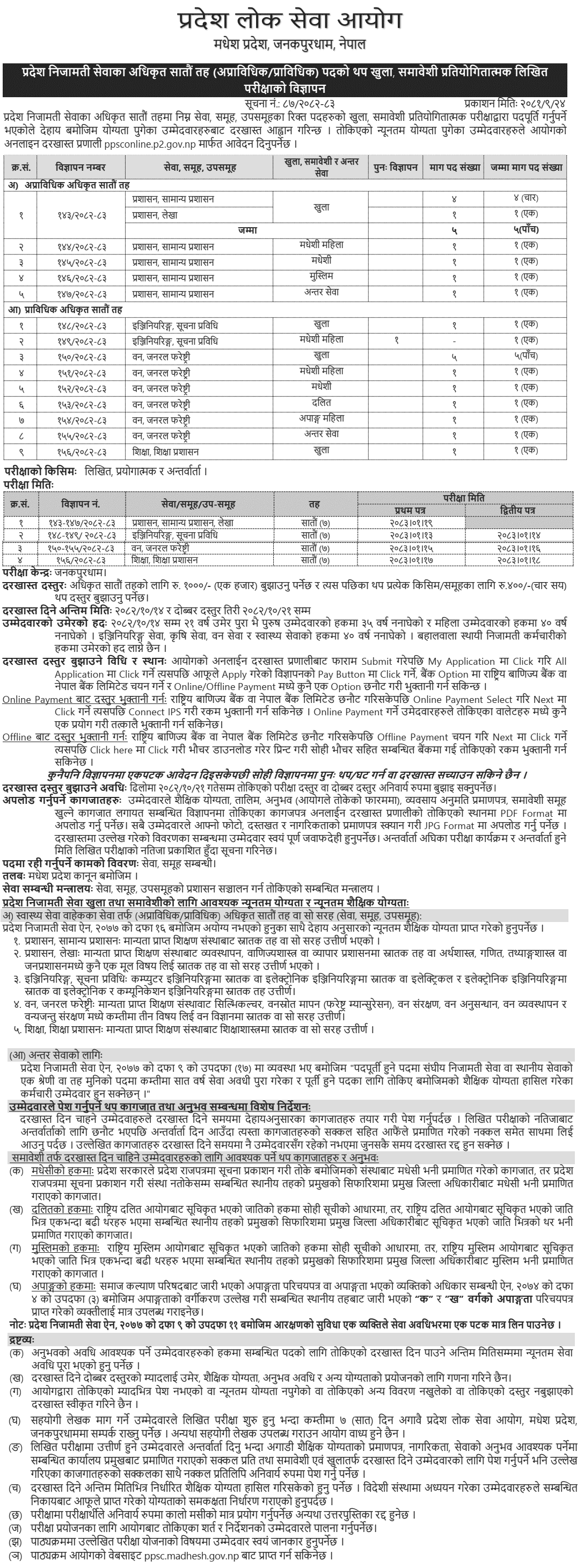 Madhesh Pradesh Lok Sewa Aayog 7th Level Officer Vacancy 2082