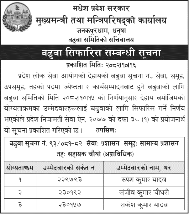 Madhesh Province Recommends 3 for Assistant 4th Level