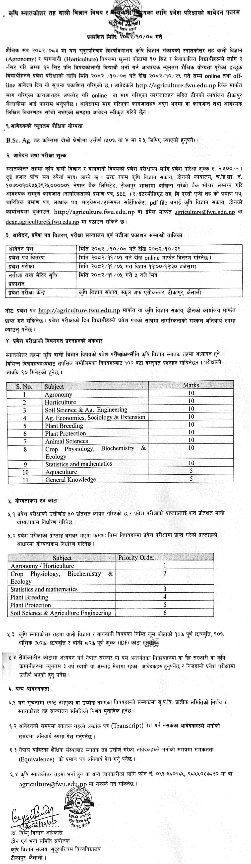 M.sc.Ag. Entrance Exam 2082 from Far Western University Faculty