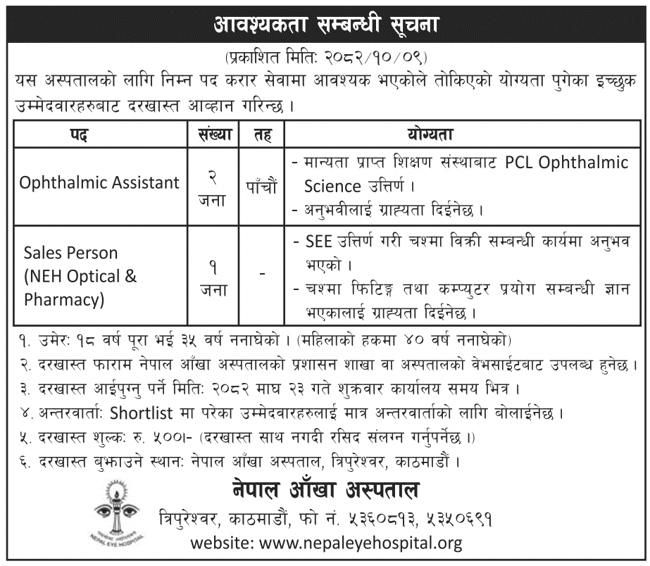 Nepal Eye Hospital Vacancy Notice 2082 (Contract Jobs)