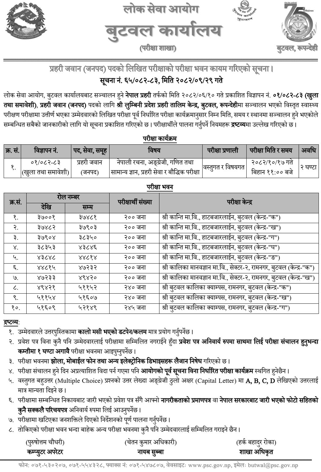 Nepal Prahari Jawan (Janapad) Butwal Written Exam Centers 2082