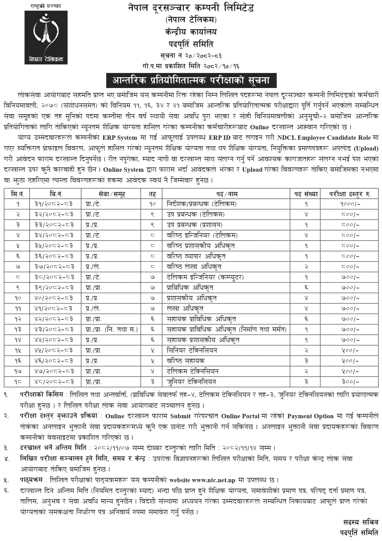 Nepal Telecom Internal Competitive Exam Vacancy 2082
