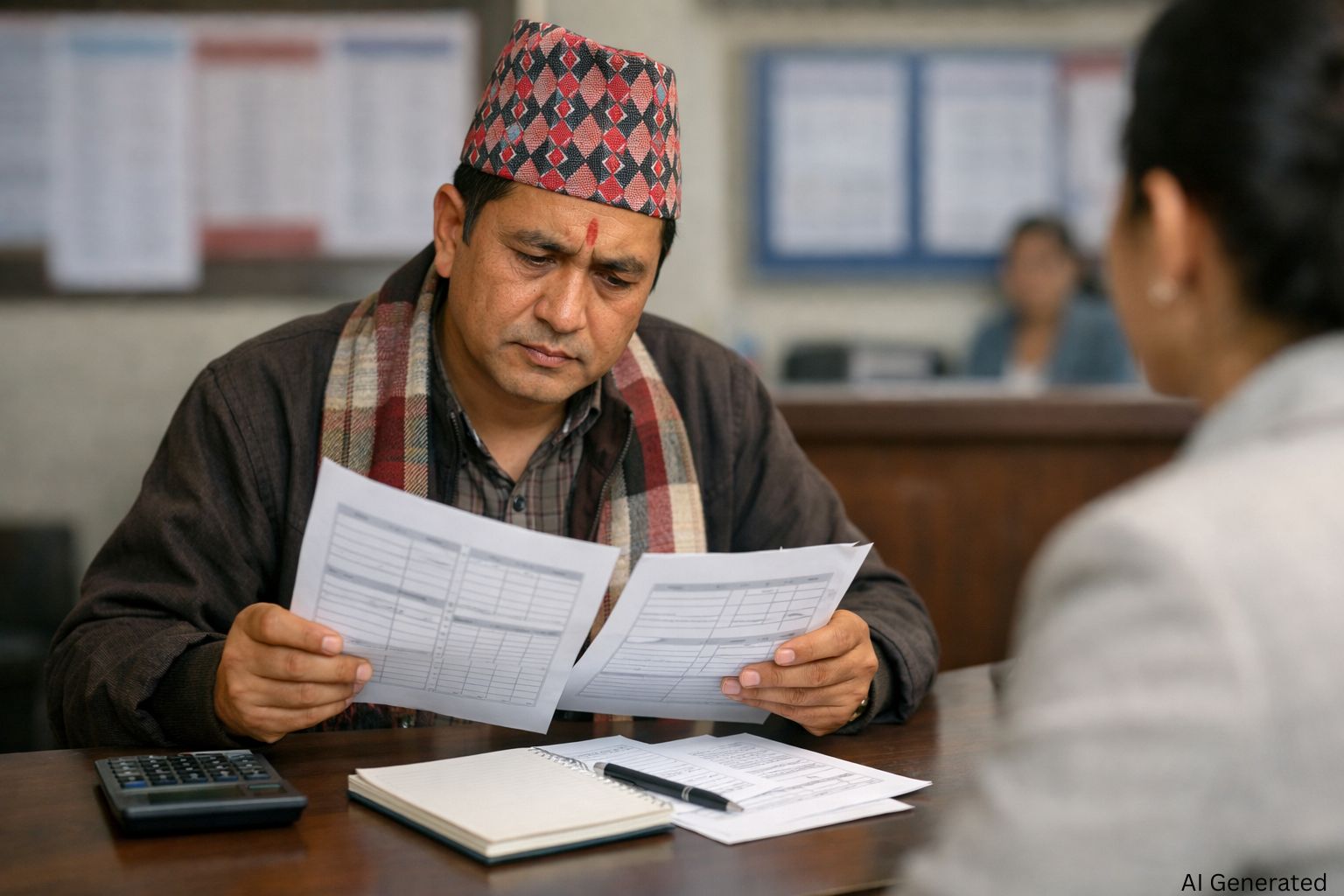 Nepali man reviewing college fee documents 