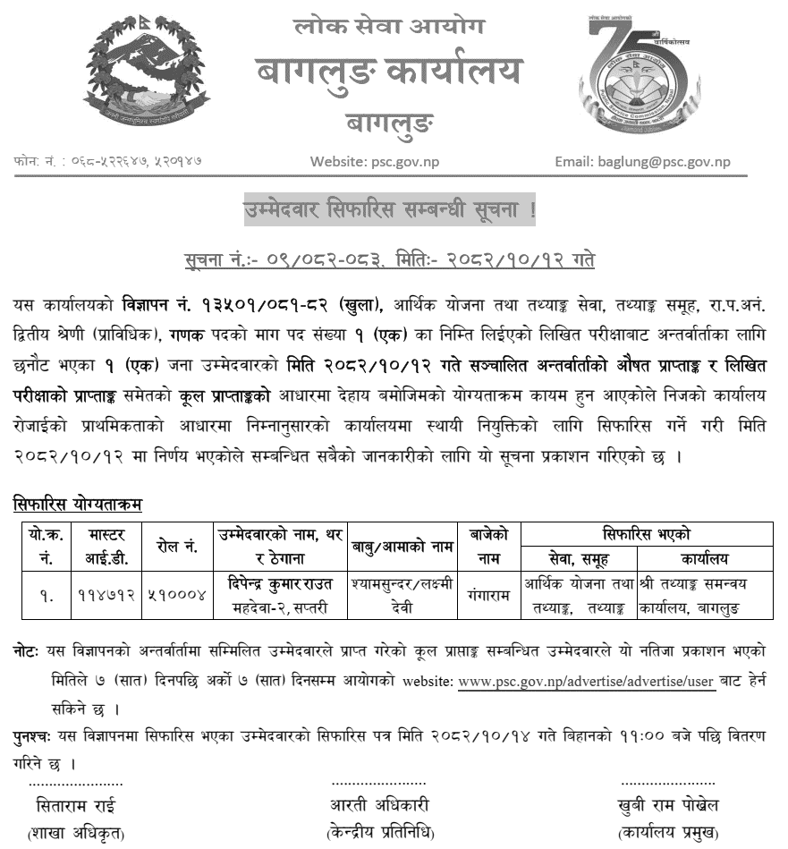 PSC Baglung Publishes Enumerator Final Result 2082