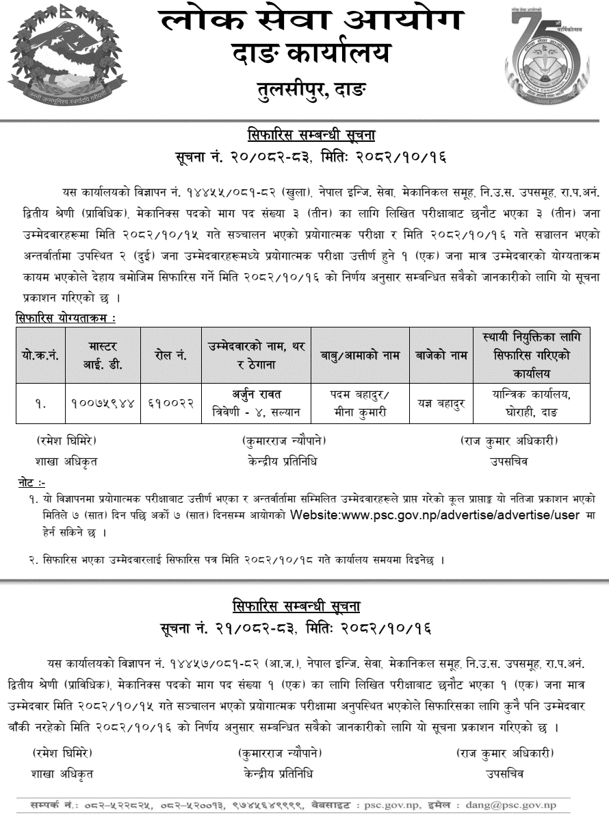 PSC Dang Mechanics Result and Recommendation List 2082