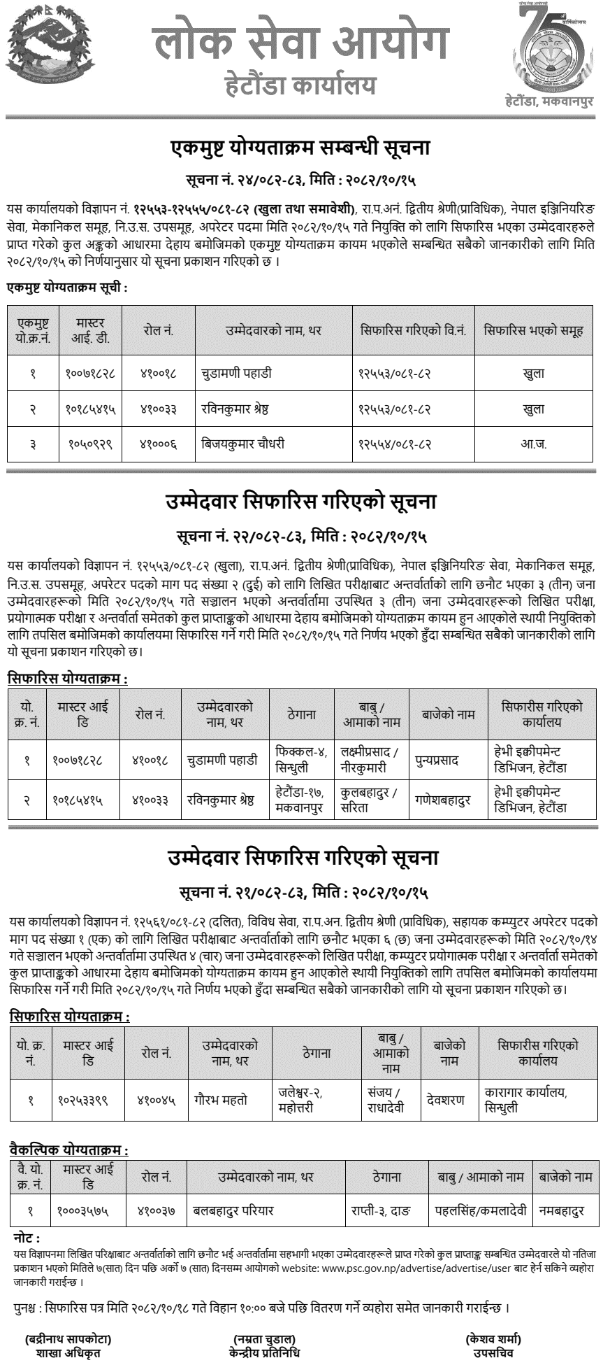 PSC Hetauda Operator and Assistant Operator Results 2082