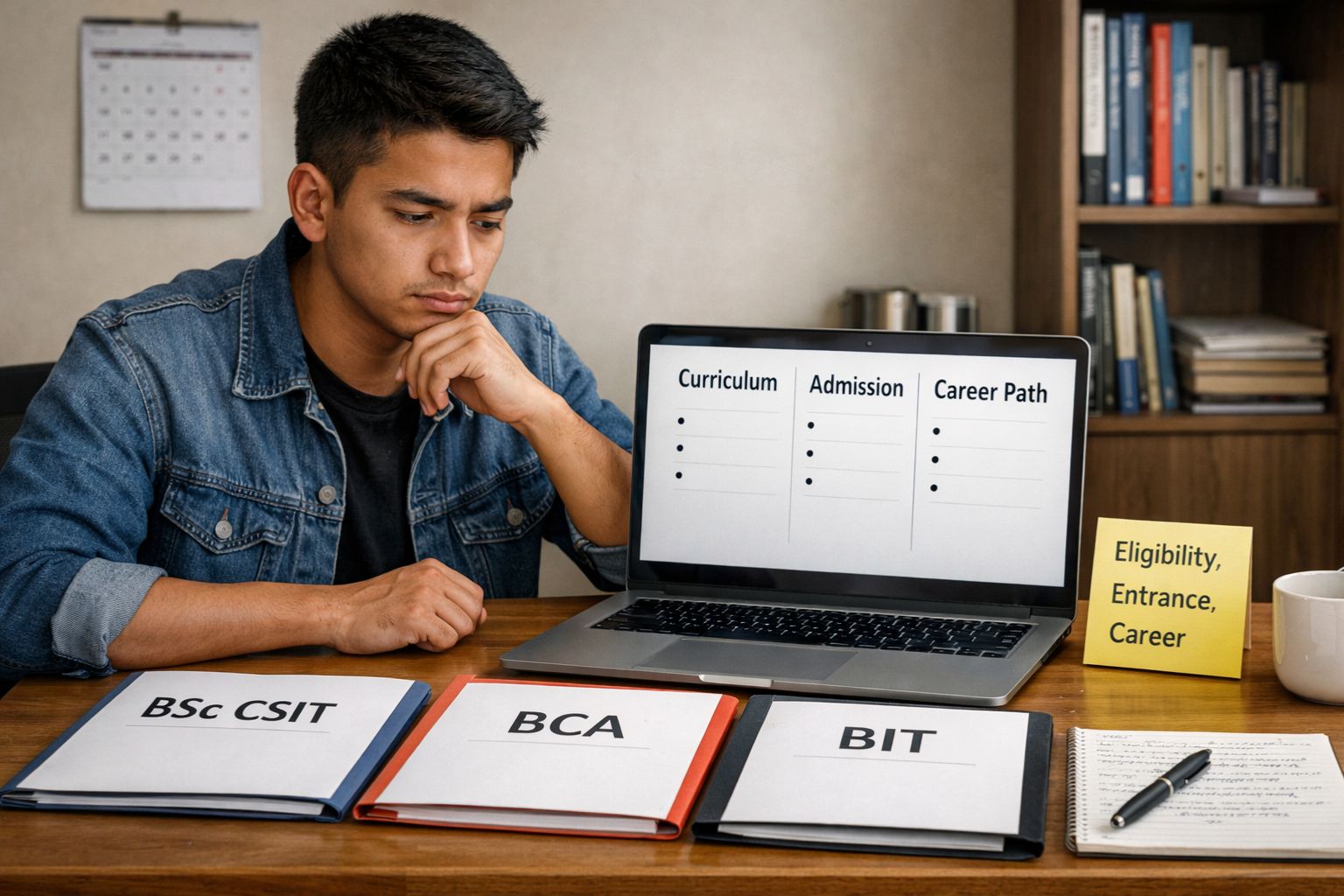 Student exploring academic paths at desk 