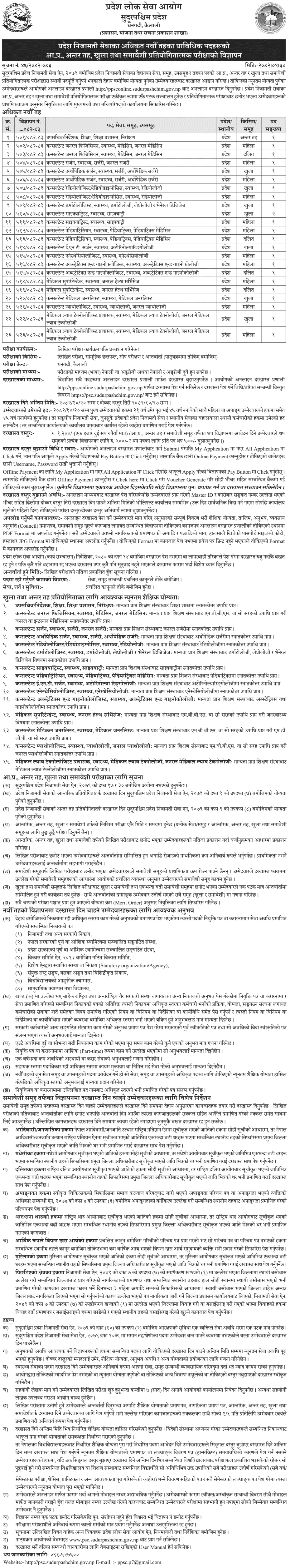 Sudurpashchim Pradesh Lok Sewa Aayog 9th Level Technical Officer Vacancy 2082 