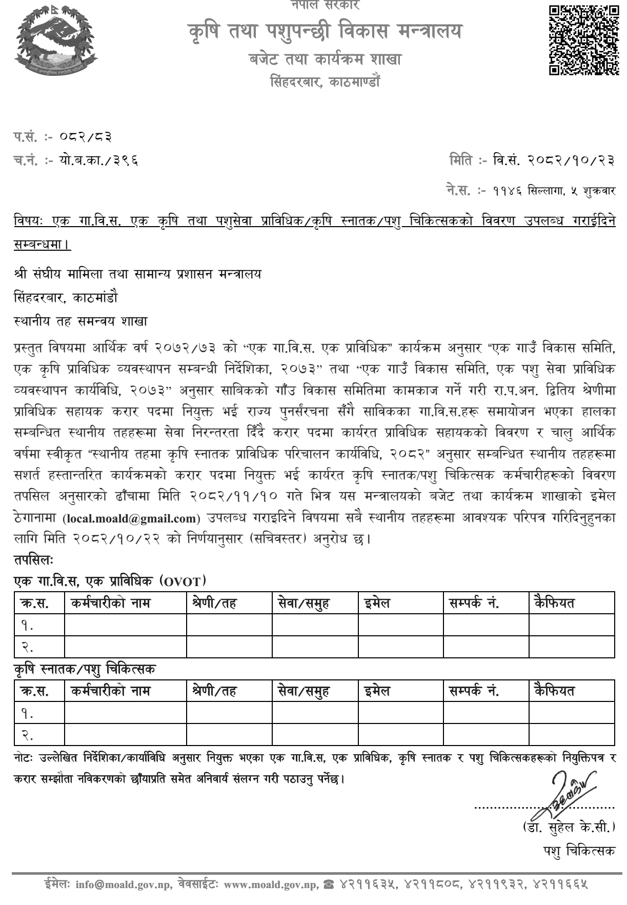 Agriculture Ministry Seeks Updated Agri and Vet Staff Details