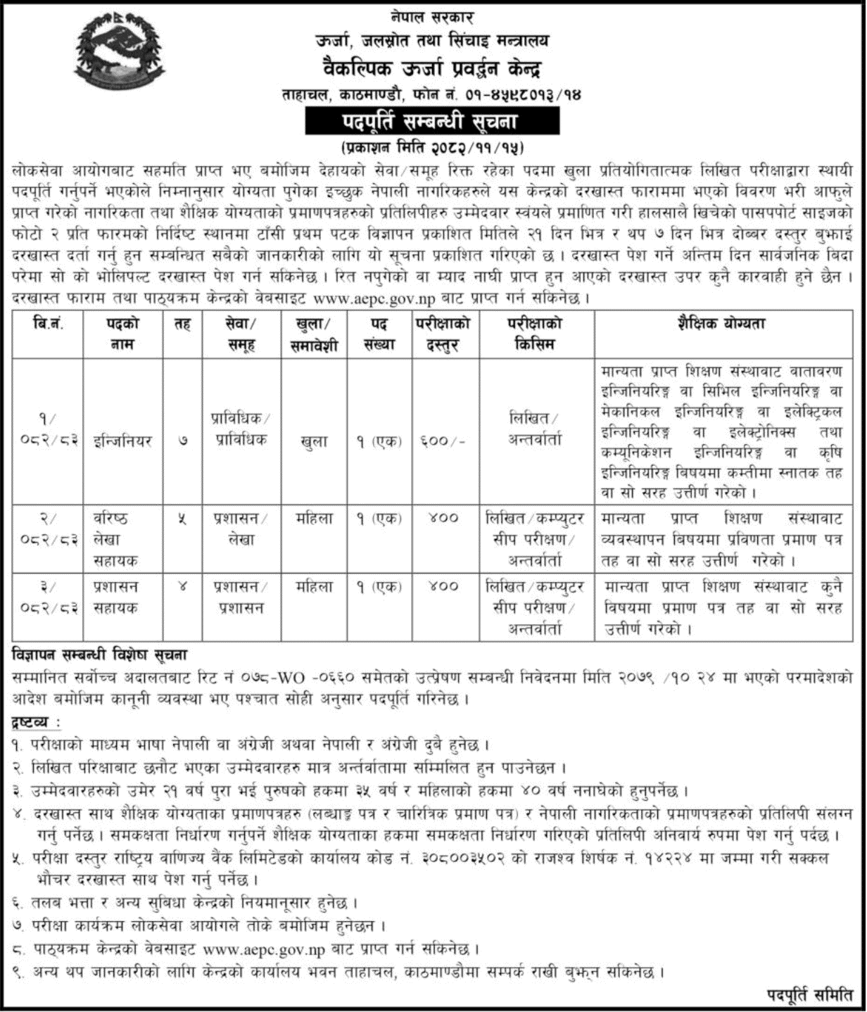 Alternative Energy Promotion Centre Vacancy 2082 