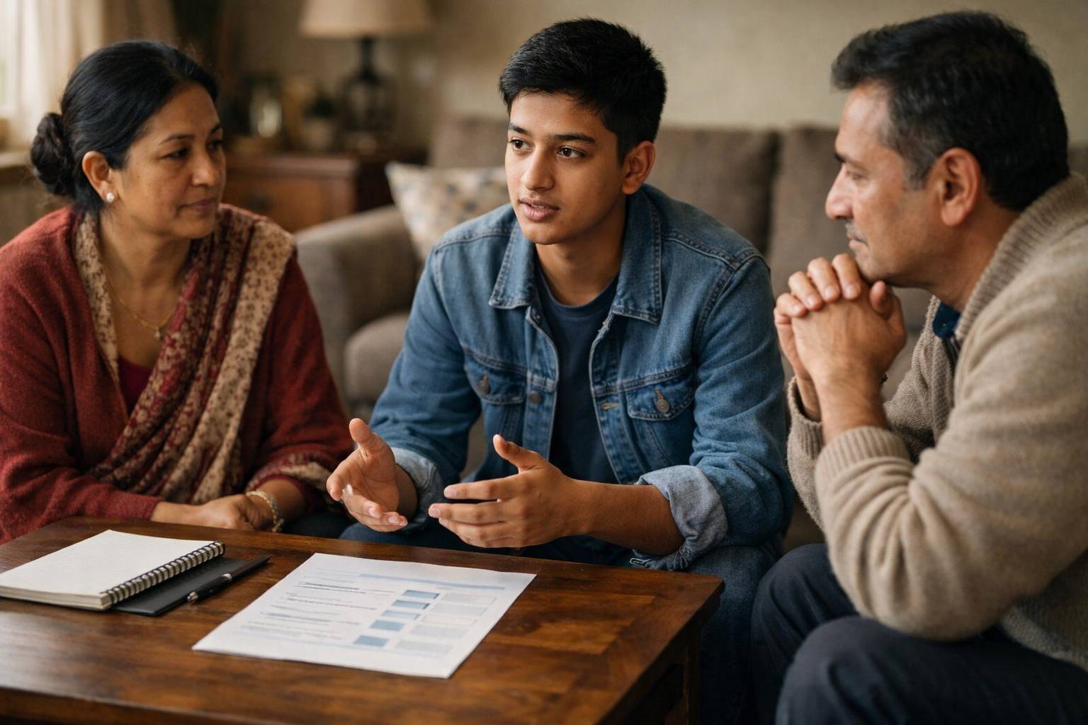 Career plan discussion in family living room 