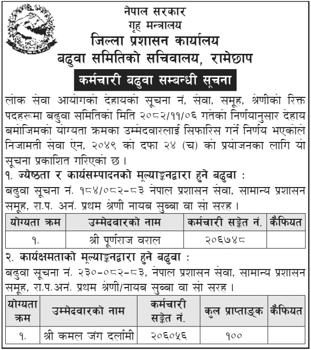 DAO Ramechhap Recommends Nayab Subba Promotion 2082