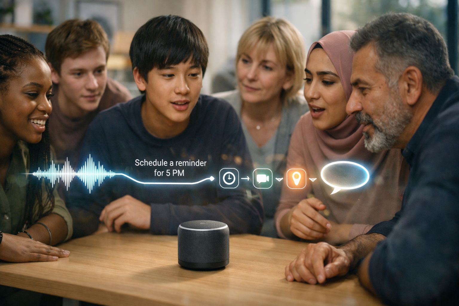 Engaged group with smart speaker assistant 