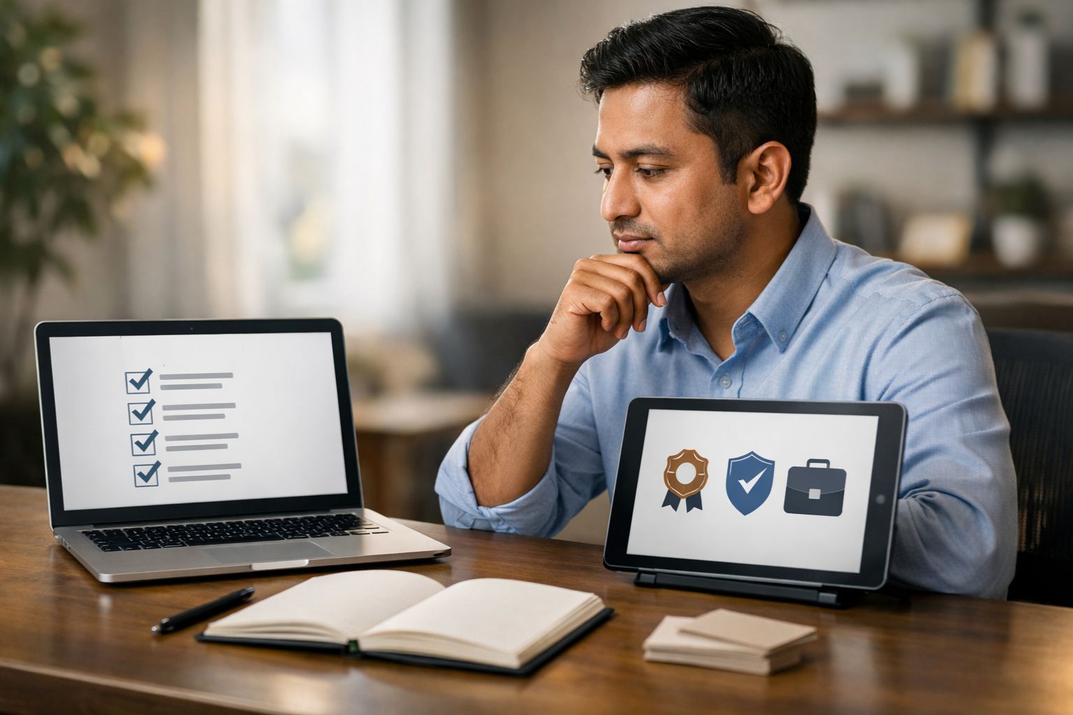 Focused professional with digital tools 