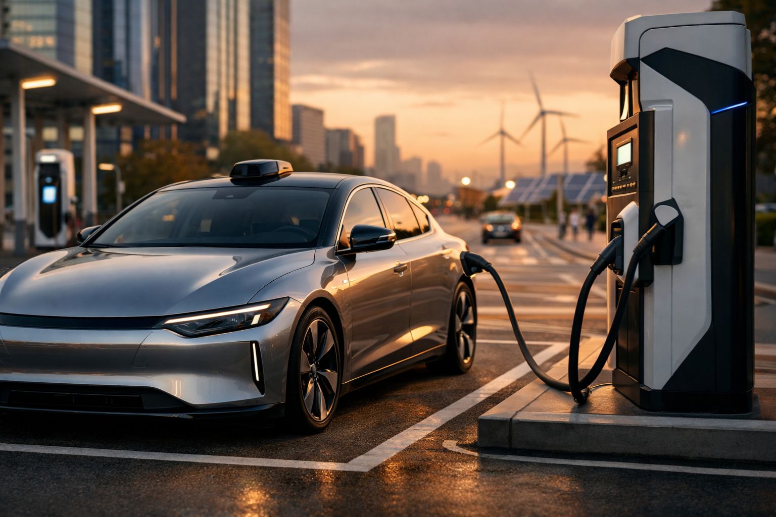 Futuristic electric vehicle charging at dusk 
