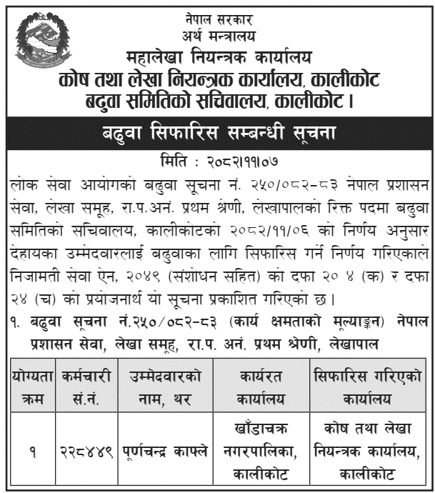 Kalikot TACO Recommends Promotion to Accountant 2082