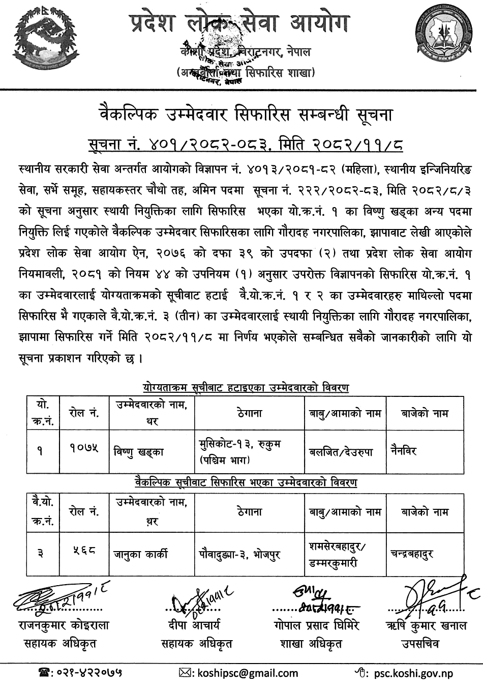 Koshi PSC Recommends Alternate Candidate for Amin Post
