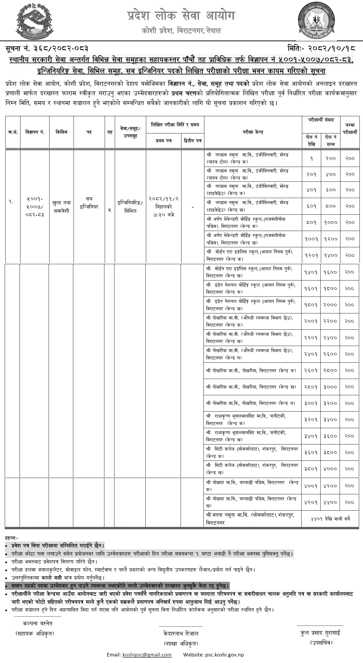 Koshi PSC Sub Engineer Exam Centers Set 2082