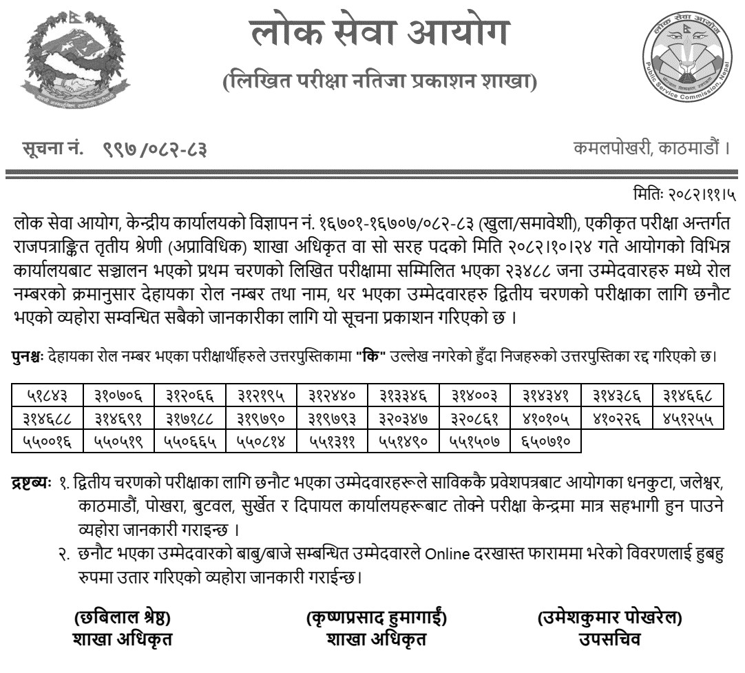 Lok Sewa Aayog Section Officer (Sakha Adhikirt) First Phase Result 2082 Notice