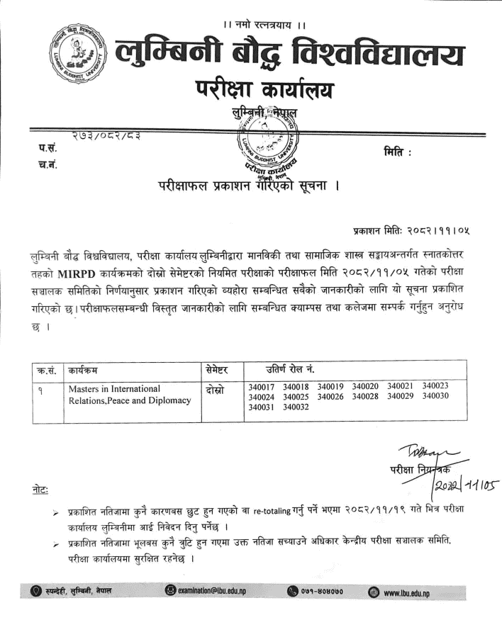 Lumbini Buddhist University Publishes MIRPD Second Semester Exam Result