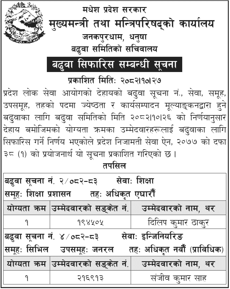 Madhesh Province Publishes Promotion Recommendations