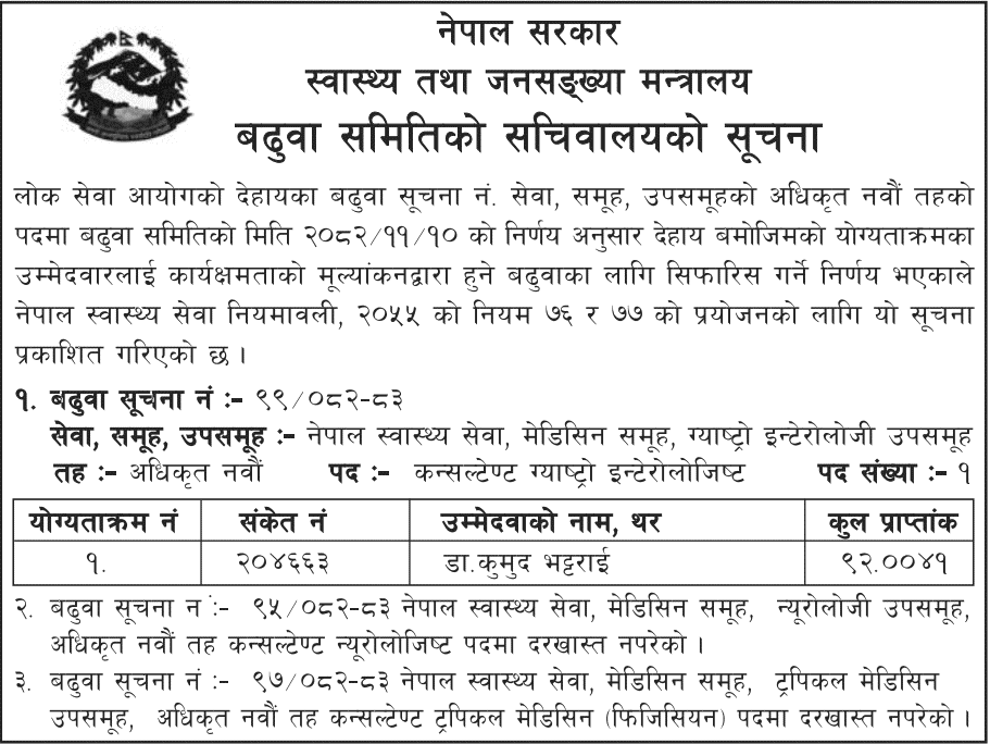 MoHP Officer Ninth Level Promotion Recommendation Notice
