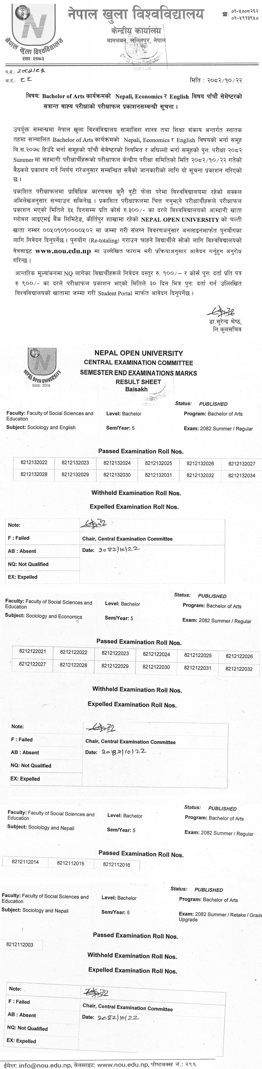 NOU Publishes BA Fifth Semester Results (2082 Summer)