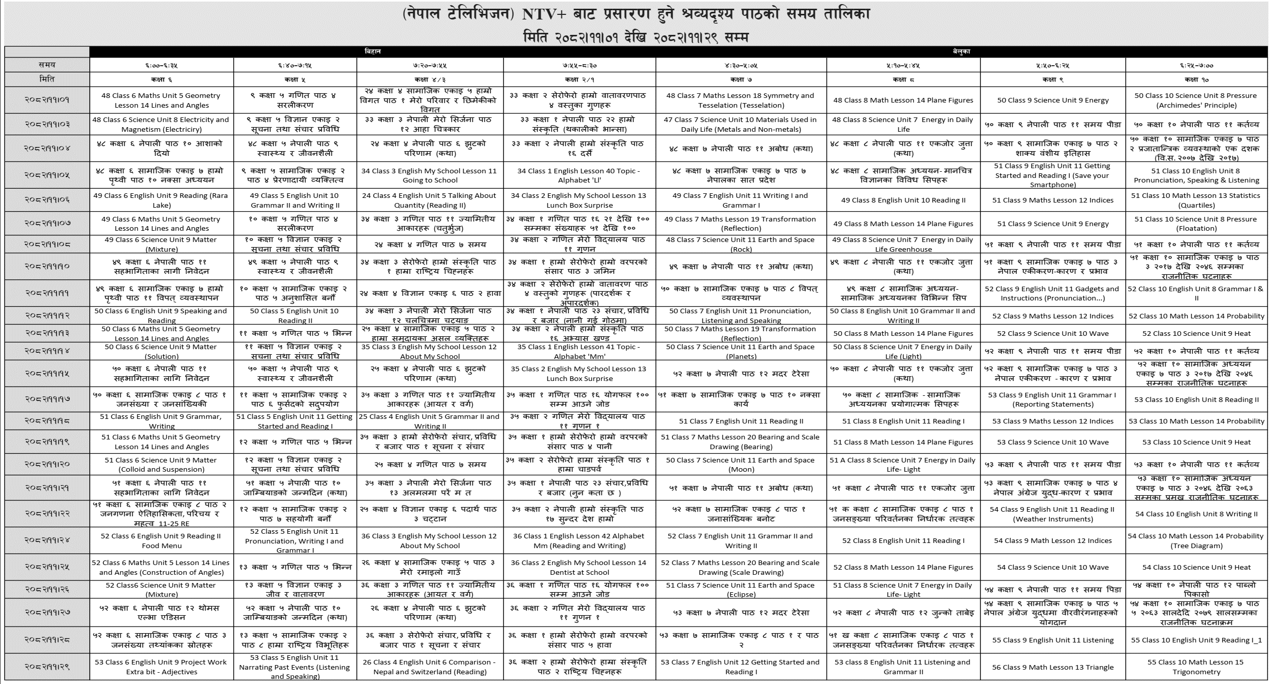 NTV Audio-Visual Class Schedule (Grades 1–10) 2082 Falgun 