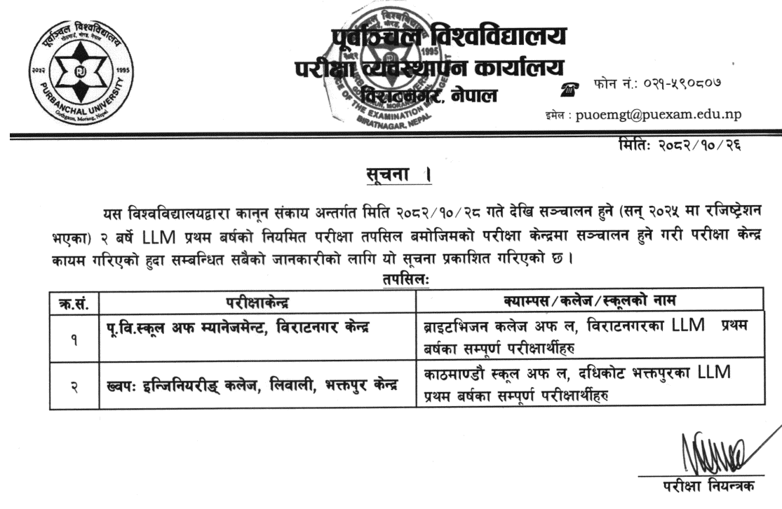 Purbanchal University LLM 1st Year Exam Centers Set