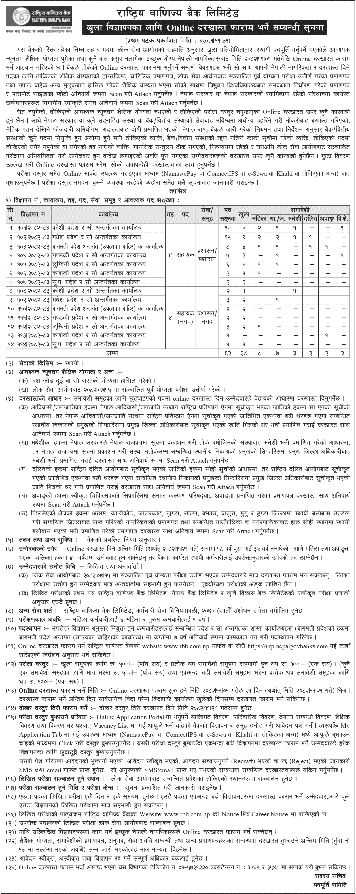 Rastriya Banijya Bank Limited Vacancy Notice 2082