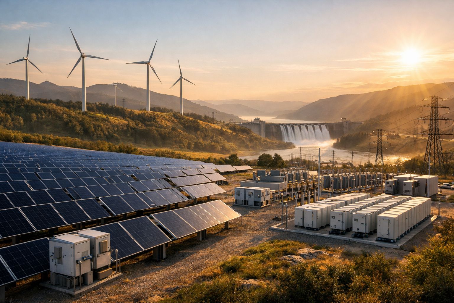 Renewable energy landscape at golden hour 