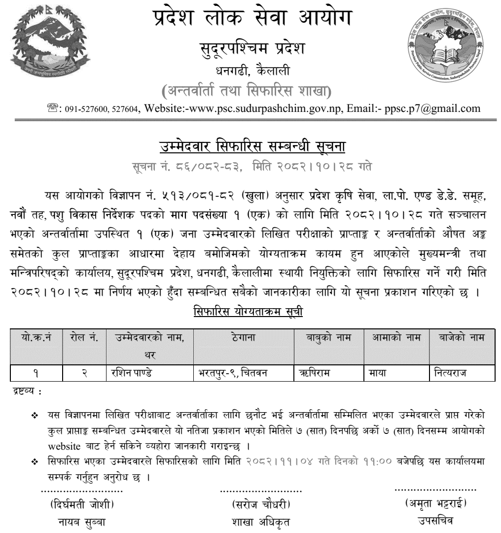 Sudurpashchim PSC Livestock Director Result (Level 9)