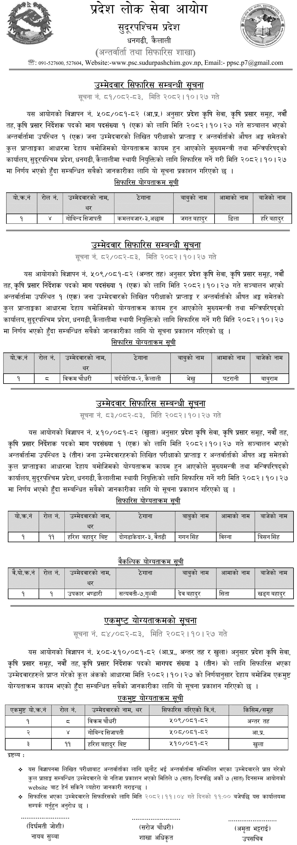 Sudurpashchim PSC Recommends Agriculture Extension Director 2082