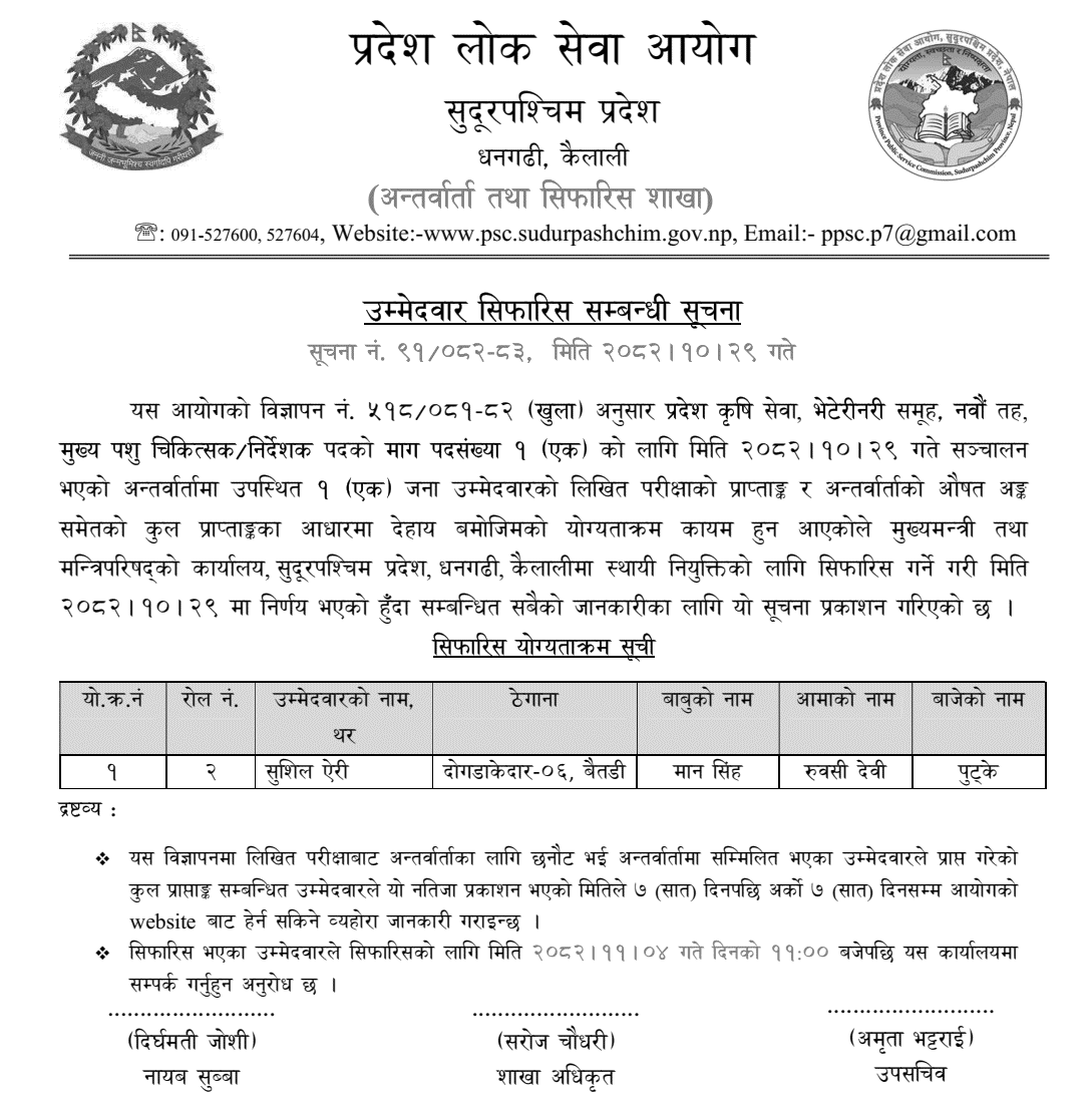 Sudurpashchim PSC Recommends Candidate for Chief Veterinary Officer Post