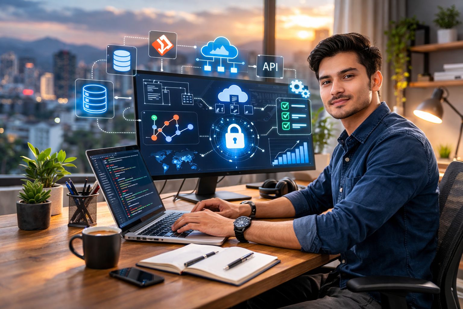 Tech workspace with developer and UI graphics 