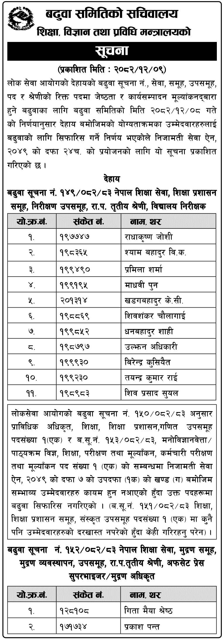 Education Ministry Promotion Recommendation Notice 2082