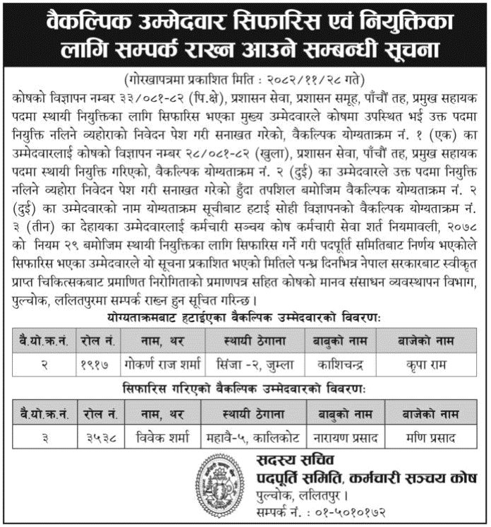 Karmachari Sanchaya Kosh Chief Assistant Alternate Candidate Notice