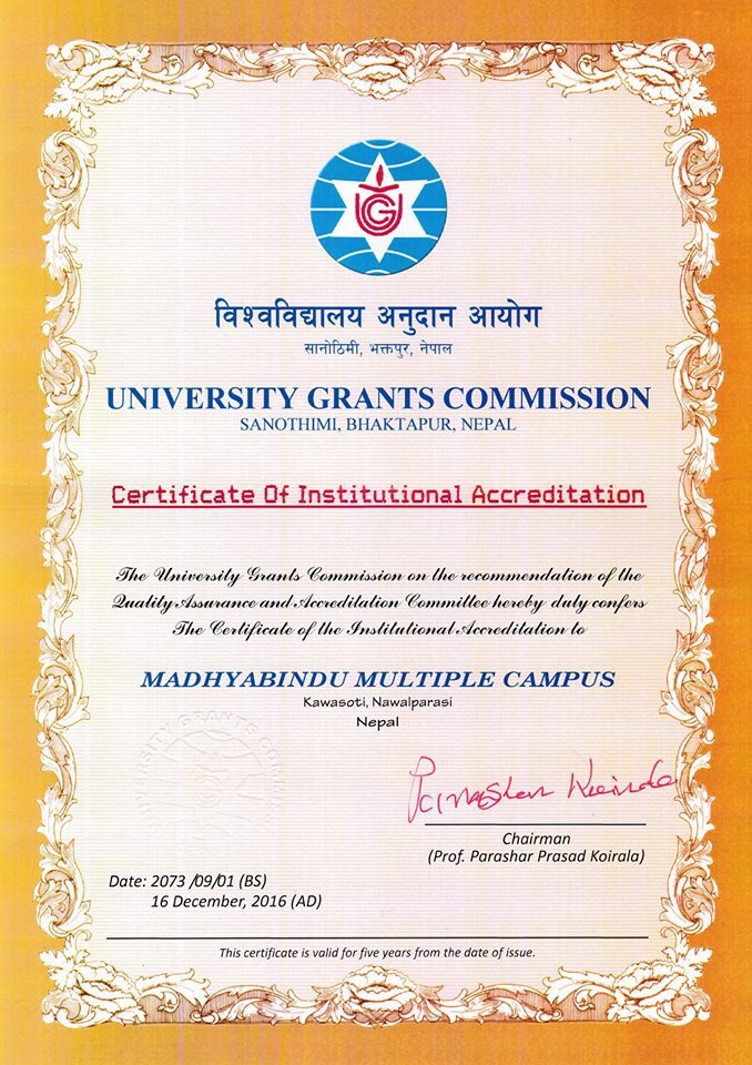 Madhyabindu Multiple Campus UGC QAA Certificate
