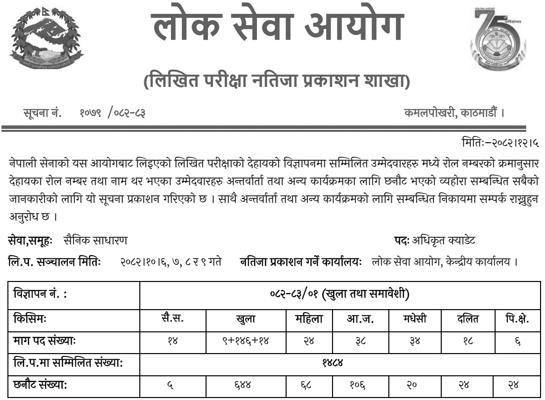 Nepal Army Officer Cadet Written Exam Result 2082 notice