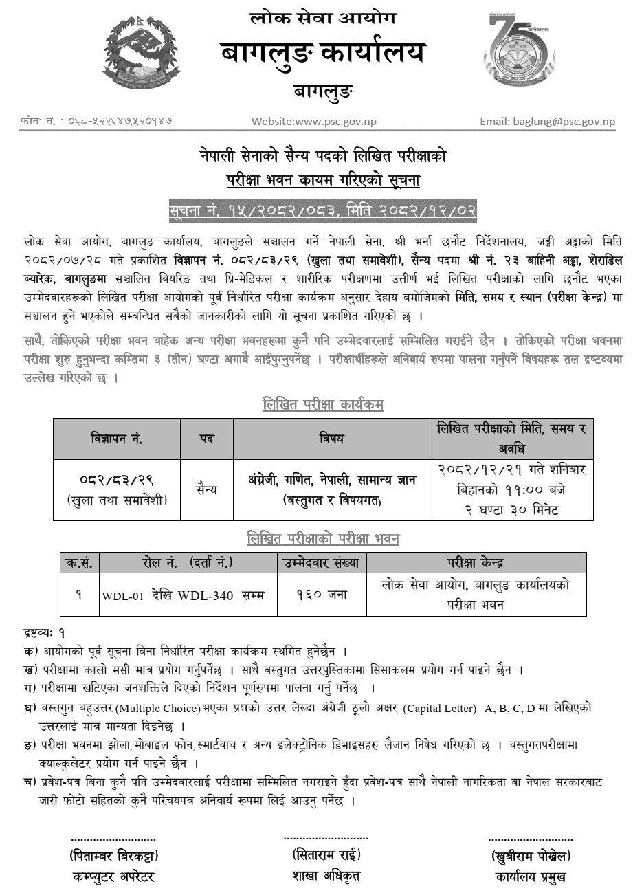 Nepal Army Sainya Post Written Exam Center in Baglung 2082