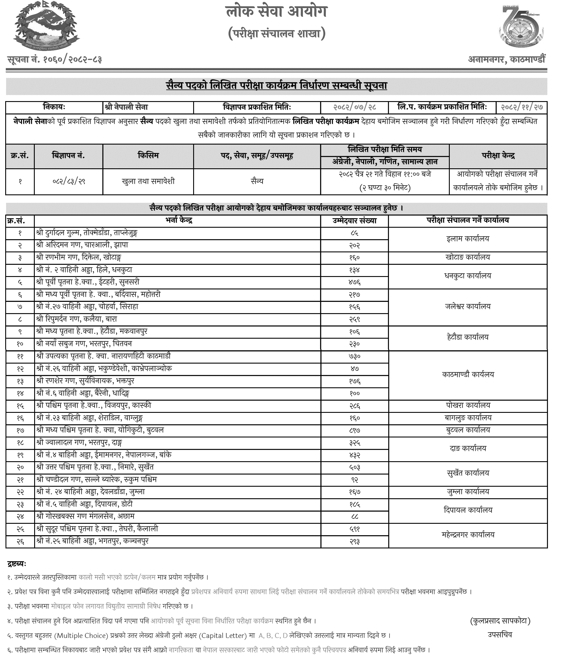 Nepal Army Sainya Written Exam Schedule 2082